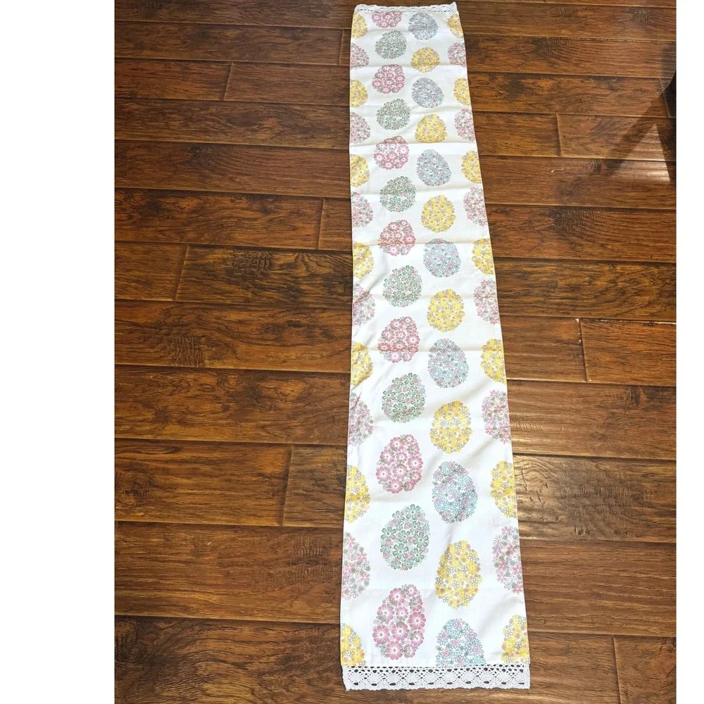 Vintage Easter Egg Table Runner 13x74 Floral Cottagecore Lace Trim Spring